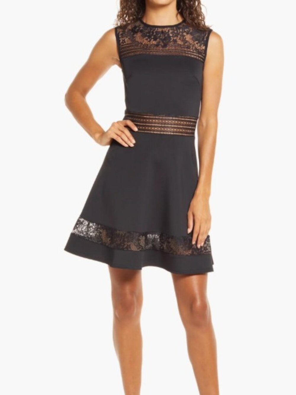 Tadashi Shoji Lace Trim Tit & Flare Dress
